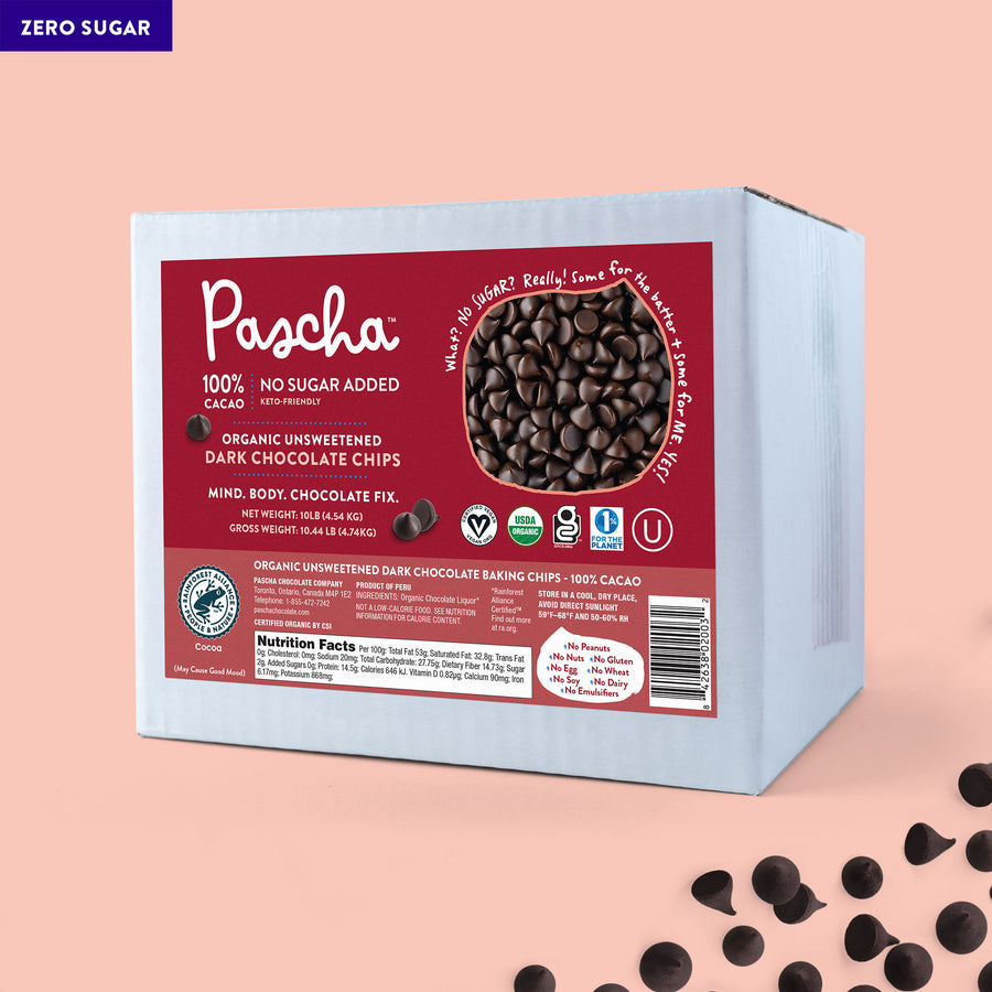 Bulk Keto Baking Chips (10 lbs) - 100% Cacao Organic Vegan Unsweetened Dark Chocolate Chips - Sugar Free!
