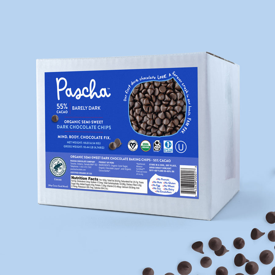 Bulk Baking Chips (10 lbs, 33.07 lbs) - 55% Cacao Organic Vegan Semi-Sweet Dark Chocolate Chips
