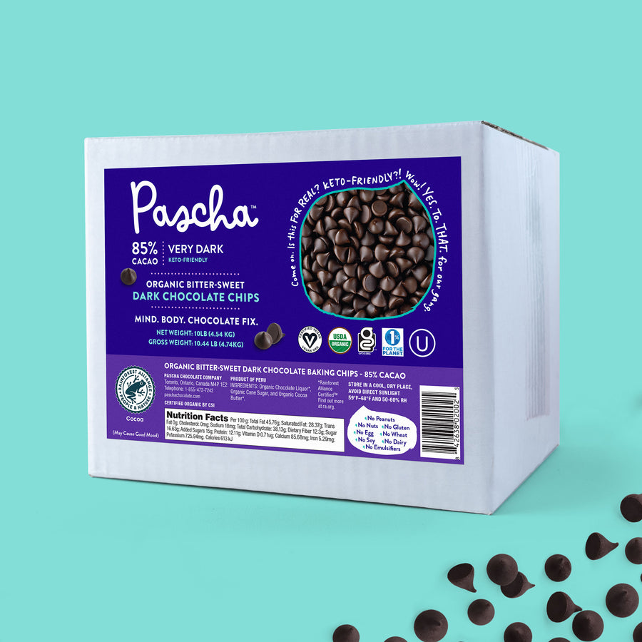 Bulk Baking Chips (10 lbs) - 85% Cacao Organic Vegan Extra Bitter-Sweet Dark Chocolate Chips - Keto Friendly