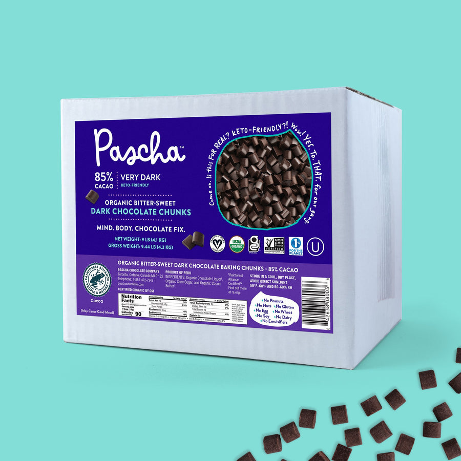 Bulk Baking Chunks (9 lbs) - 85% Cacao Organic Vegan Extra Bitter-Sweet Dark Chocolate Chunks - Keto Friendly
